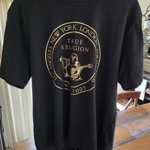 True Religion Men's T with a Metallic Gold Buddha Logo/World Tour Graphic (K212)